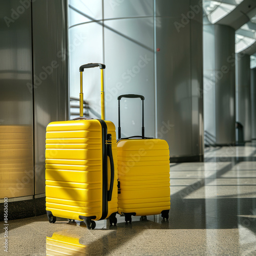 Two traveler suitcases in an empty airport hallway photo