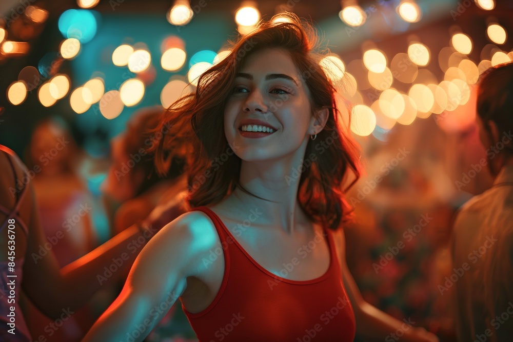 Joyful Young Woman Dancing at Vibrant Party Joyful Young Woman Dancing at Vibrant Party