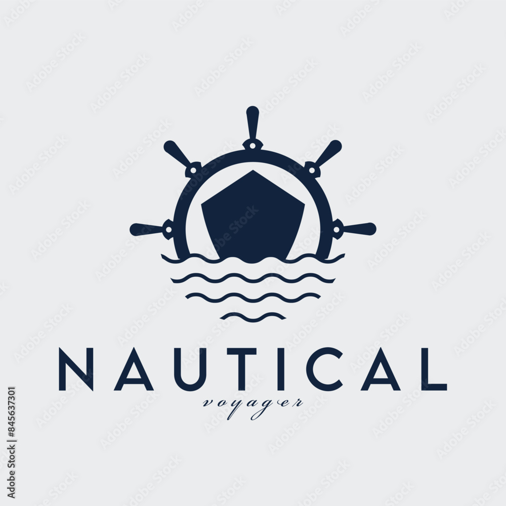 Fototapeta premium ship front view steering wheel and wave logo vector illustration design