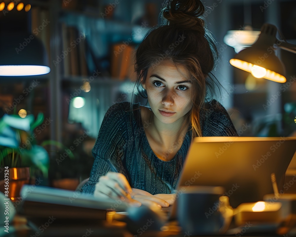 Fototapeta premium Hardworking Businesswoman Burning the Midnight Oil in Quiet Office