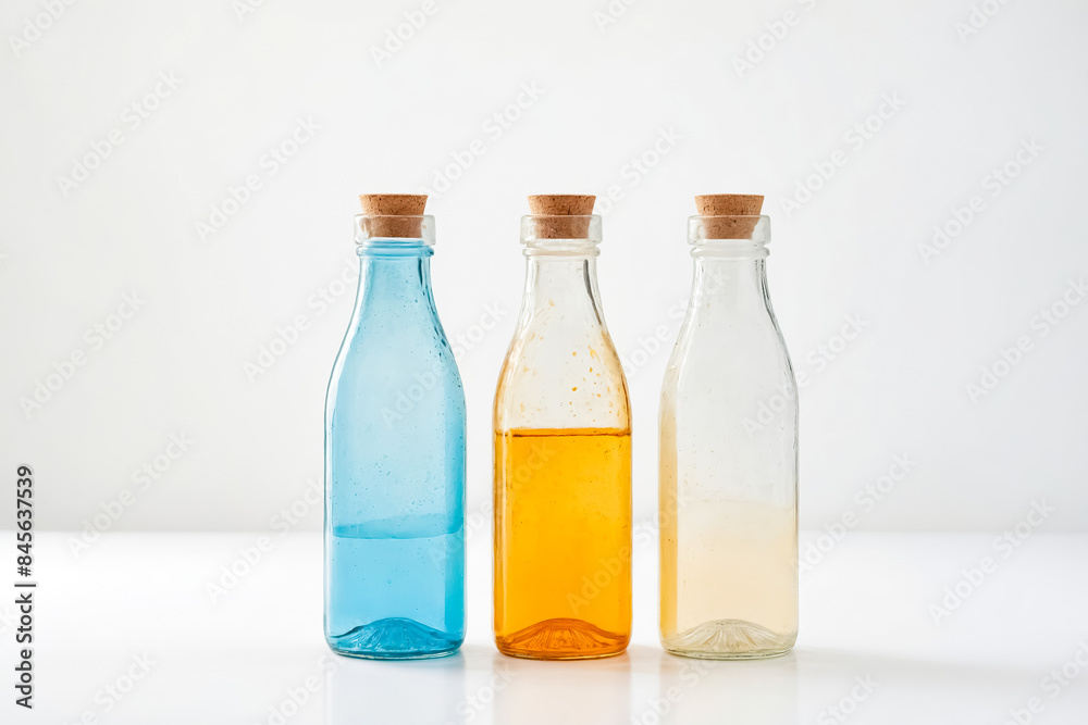 Three Glass Bottles with Cork Stoppers and Different Colored Liquids