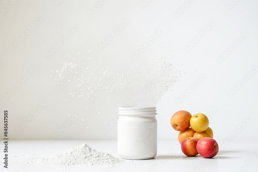 White Powder Exploding Out Of Jar With Fruit White Powder Exploding Out Of Jar With Fruit