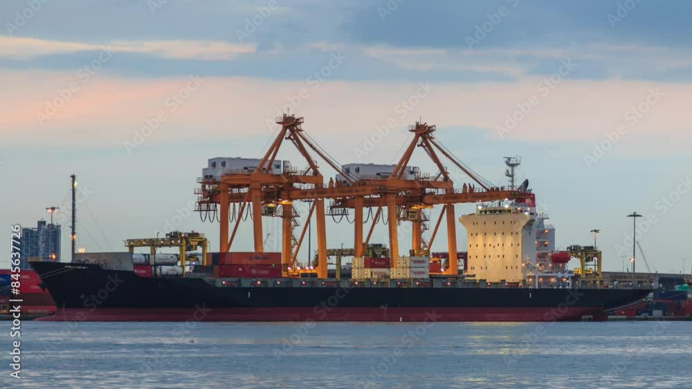 Cargo ship loading goods at shipping port day to night time lapse