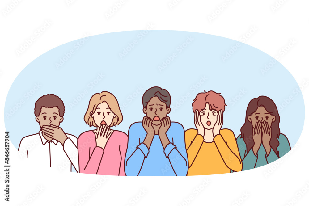 Frightened diverse people open mouths touch faces and experience shock and panic. Multiethnic frightened men and women are frightened after hearing unexpected news about problems in economy