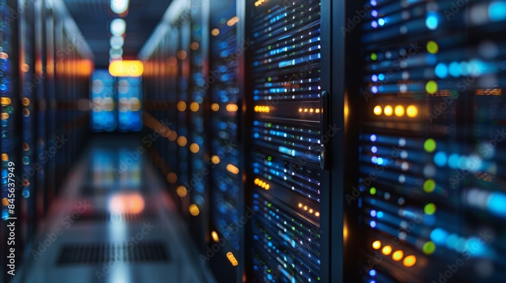 Advanced Technology: Servers in a Data Center. A high-tech image of server racks in a data center with glowing lights and cables, representing cutting-edge technology and data storage solutions. Advanced Technology: Servers in a Data Center. A high-tech image of server racks in a data center with glowing lights and cables, representing cutting-edge technology and data storage solutions.