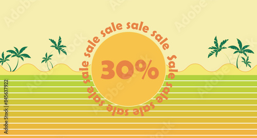 Summer sale banner with palm trees, sea waves, discount text on the sun and gradient ground. Vector illustration of sunny day by the ocean