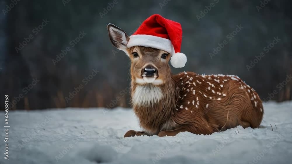 Deer in Santa Claus hat in snowy forest Deer in Santa Claus hat in snowy forest