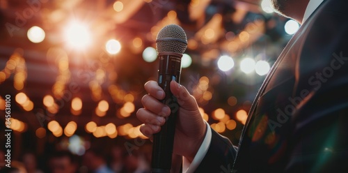 Close up of a man in suit holding a microphone in conference hall