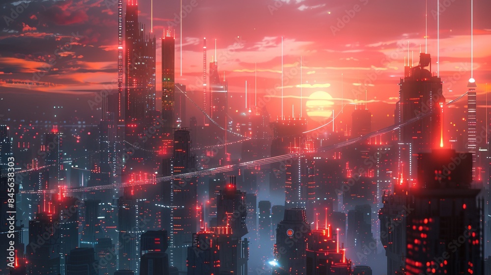 Obraz premium The concept of high-speed internet connection visualized as glowing cable webs sending digital data over spectacular futuristic cyberpunk cityscape 