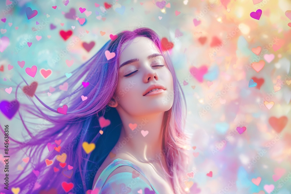 Dreamy Young Woman with Colorful Hearts Bokeh Background Dreamy Young Woman with Colorful Hearts Bokeh Background