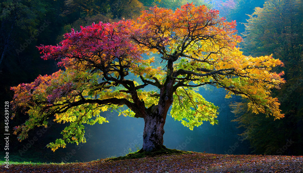 Single tree with multicolored autumn foliage on dark background Single tree with multicolored autumn foliage on dark background