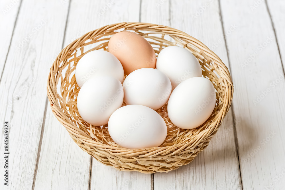 Fresh white eggs in a wicker basket on white wooden background Fresh white eggs in a wicker basket on white wooden background
