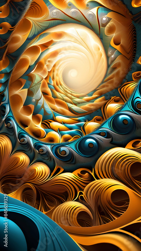 Abstract 3D Spiral With Blue And Gold Dynamic Tunnel Waves