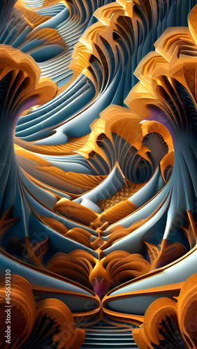 Abstract Fractal Art With Blue And Gold Ice Waves
