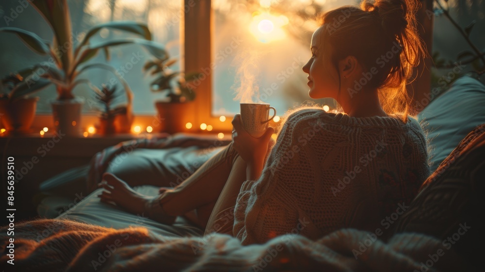 A woman sitting on a couch with her coffee cup, AI A woman sitting on a couch with her coffee cup, AI
