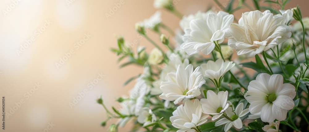 Bright, clear wedding floral arrangement with white and pastel flowers, minimalistic shapes with space for text Bright, clear wedding floral arrangement with white and pastel flowers, minimalistic shapes with space for text