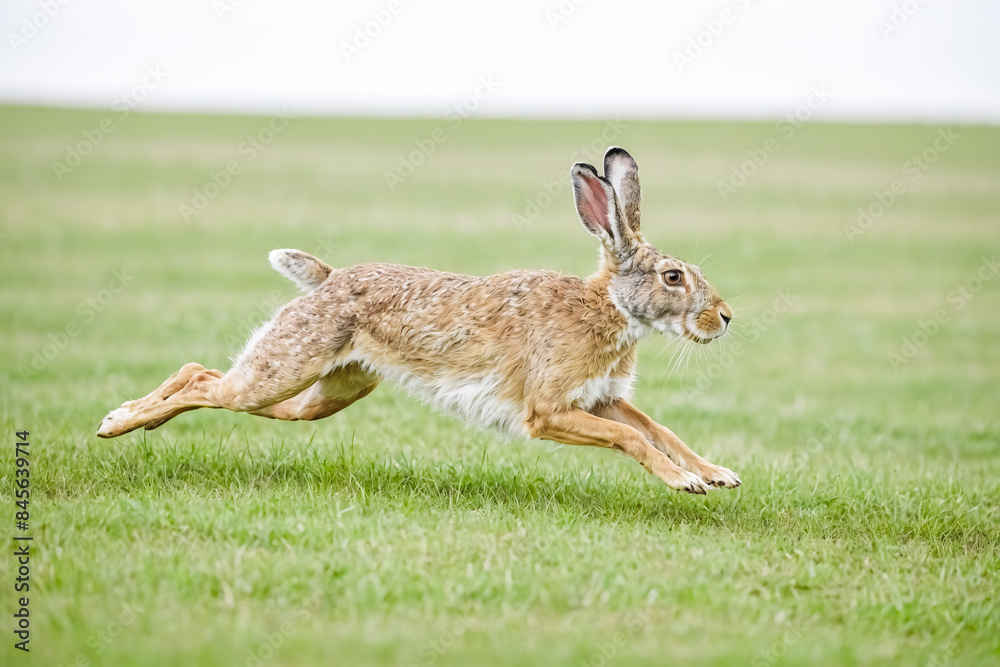 Naklejka premium Brown hare running through green field