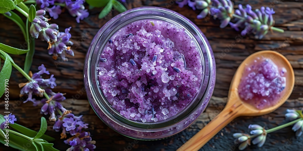 Top view of a jar of lavender bath salt with fresh lavender flowers, offering a natural and aromatic spa experience. Top view of a jar of lavender bath salt with fresh lavender flowers, offering a natural and aromatic spa experience.