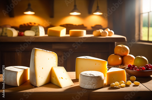 an assortment of handmade cheeses on wooden shelves, cheese heads in the backgroun photo