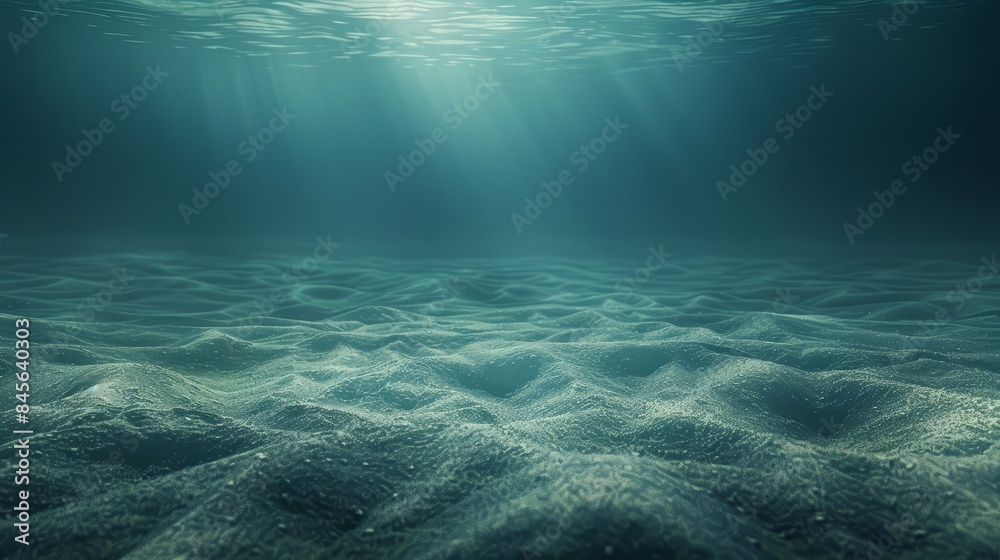 Fototapeta premium Underwater deep seascape with sunbeams and marine wildlife. Turquoise tranquility, coral reefs, bubbles, and shimmering rays. Scuba diving, relaxation, aquatic beauty in a serene.