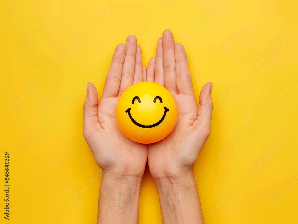 A woman's hands gently holding a happy smiling face emoji against a bright yellow background. Perfect for themes of happiness and well-being. A woman's hands gently holding a happy smiling face emoji against a bright yellow background. Perfect for themes of happiness and well-being.