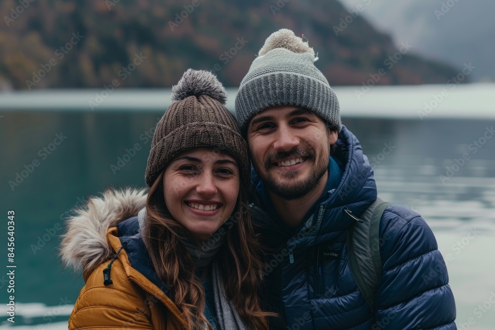 Portrait of a joyful couple in their 30s dressed in a thermal insulation vest while standing against beautiful lagoon background Portrait of a joyful couple in their 30s dressed in a thermal insulation vest while standing against beautiful lagoon background