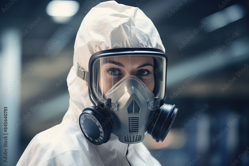 Chemical leak and safety first concept. Chemical specialist wear safety uniform, gas mask working in chemical dangerous area in the industry factory Chemical leak and safety first concept. Chemical specialist wear safety uniform, gas mask working in chemical dangerous area in the industry factory