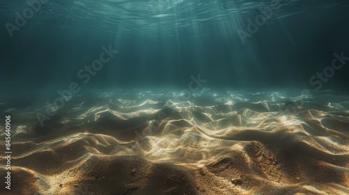 Serene underwater scene with sunbeams piercing the deep turquoise water. Rays of light create a calm and tranquil seascape, with ripples and bubbles, beauty of the aquatic environment. © Rostislav