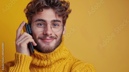 Smiling Man Talking on Phone in Yellow Sweater Against Yellow Background