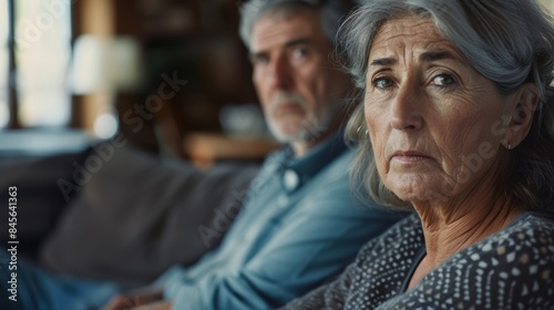 Divorce, fight and sad with mature woman in living room is thinking with husband in home with depression. Infidelity on the sofa causes disagreement, rage, and wifely conflict.