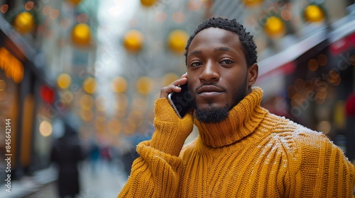 Man Wearing Yellow Sweater Talking on Phone in City Street