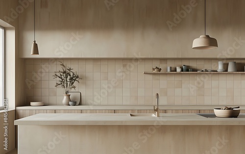 Scandinavian minimalist kitchen interior design with island, white wooden cabinets and beige tile wall background