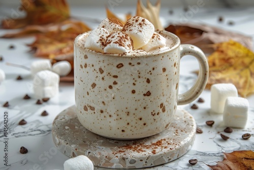 A Cup of Hot Chocolate With Marshmallows and Cinnamon on a Marble Tabletop
