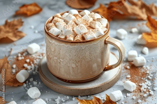 A Cup of Hot Chocolate With Marshmallows and Cinnamon on a Marble Tabletop