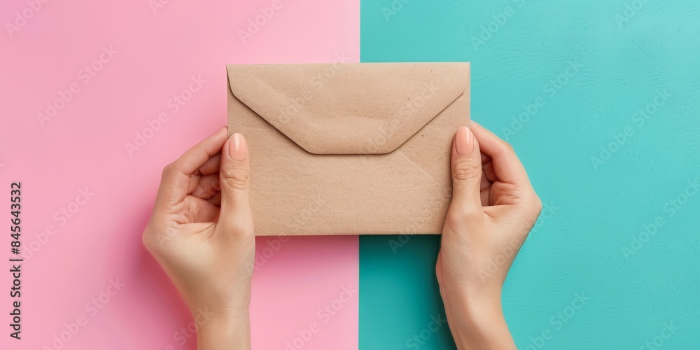 Obraz premium A pair of hands holding a brown envelope against a soft pink blue background, emphasizing minimalism and modern design, ideal for themes of communication, correspondence, and personal touch.
