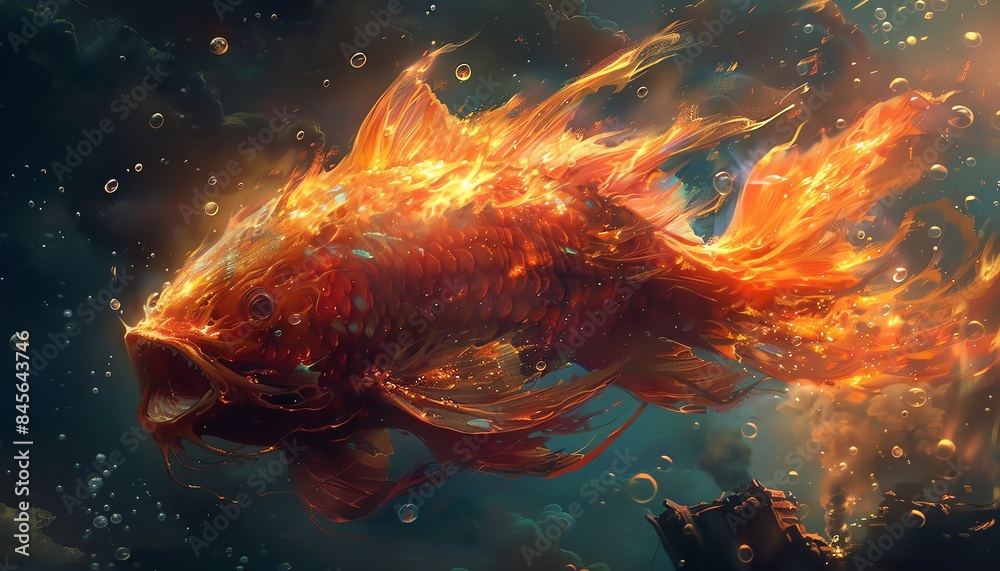 Fiery devil fish attacking a shipwreck, flames and bubbles rising ...