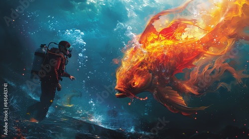 Fiery devil fish confronting a diver, vibrant fire and water contrast, dynamic and thrilling illustration photo