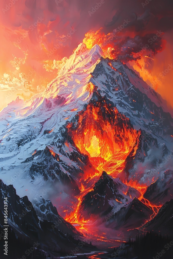 Fiery volcano erupting next to an icy mountain, lava and snow creating a stark contrast, vivid and bold Fiery volcano erupting next to an icy mountain, lava and snow creating a stark contrast, vivid and bold