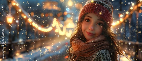 Girl with a shy smile, standing on a bridge, twilight sky, sparkling lights in the background photo