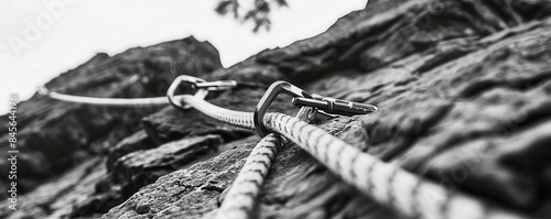 Prusik or Jumar for rope climbing from side view, securing a safe ascent, advanced tone, black and white photo