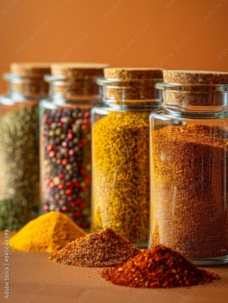 Glass jars filled with various colorful spices. Glass jars filled with various colorful spices.
