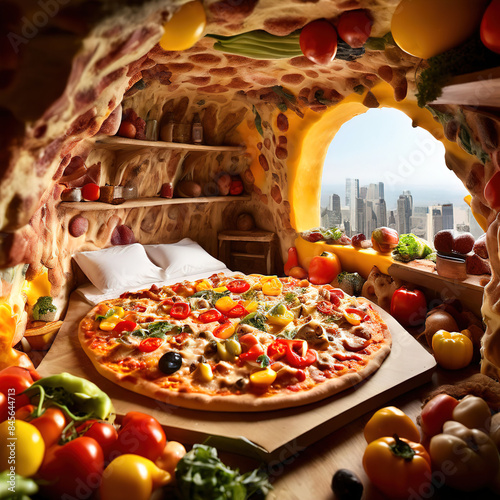 Bed room made with pizza,loaded cheese,bell peppers and vegetables photo