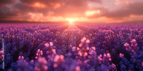 A breathtaking sunset over a vibrant lavender field  casting a warm  golden glow on the purple blooms.