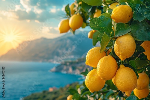 Beautiful coastal landscape framed with a lemon tree