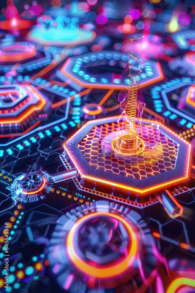 custom made wallpaper toronto digitalGraphic of  Abstract art of an AI predicting financial trends, with neon colors and glowing hexagon patterns