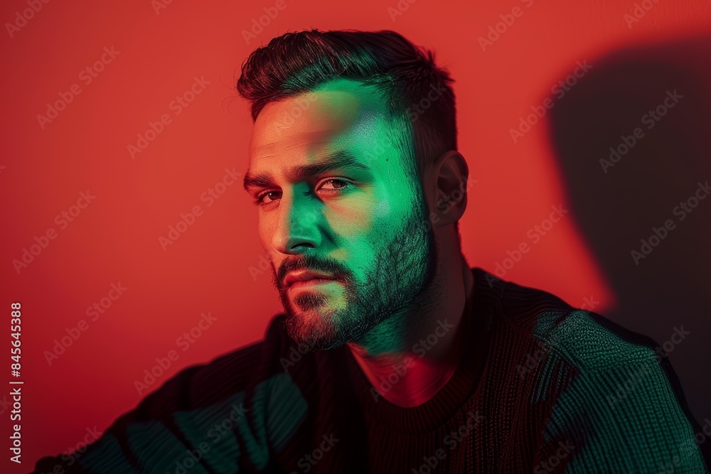Style, face, and trendy man in red studio with green light and cool style, elegant and appealing. Young or edgy male model, handsome image, creative or stylish. Style, face, and trendy man in red studio with green light and cool style, elegant and appealing. Young or edgy male model, handsome image, creative or stylish.