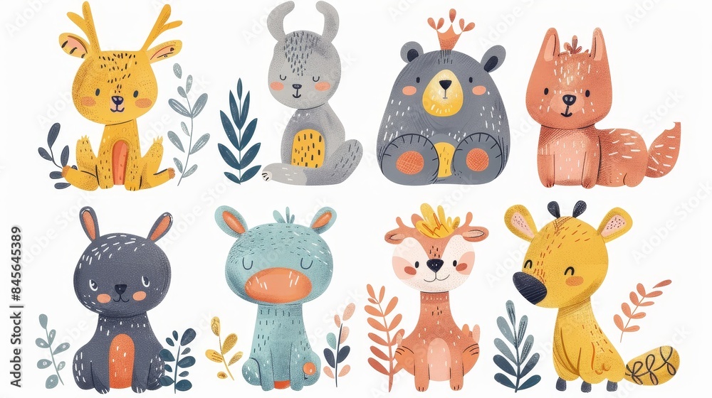 Naklejka premium Hand-drawn whimsical animals, flat colored, drawn , six playful poses, isolated on white, no edges, full frame, separated characters
