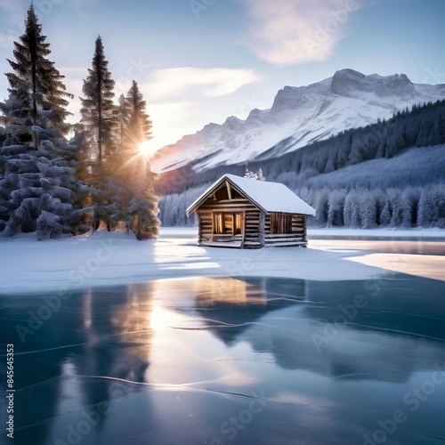 Log cabin nestled on the edge of a sparkling frozen lake under a pale sky