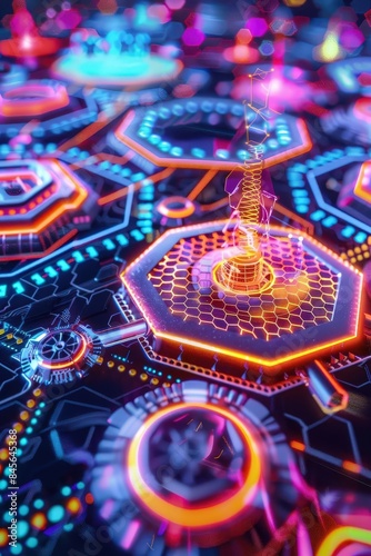 Wallpaper Mural Graphic of  Abstract art of an AI predicting financial trends, with neon colors and glowing hexagon patterns Torontodigital.ca