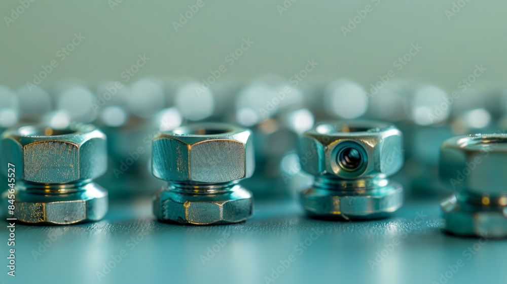 Close-up of metallic nuts aligned on a surface. Close-up of metallic nuts aligned on a surface.
